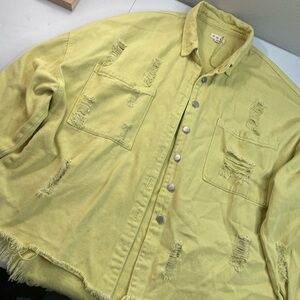 POL Distressed Denim Jacket Yellow Oversized Button Up Raw Hem M